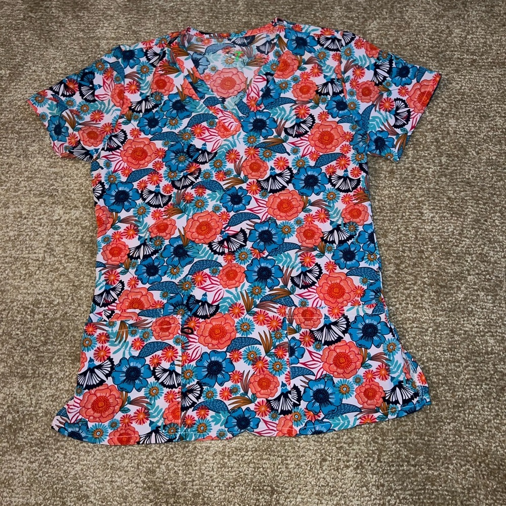 GT Performance Blue and Orange Floral Pattern Women’s Fitted Scrub Top- Small